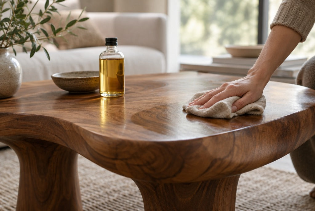 A sculpted solid wood coffee table being wiped with a soft cloth beside a bottle of finishing oil's faces