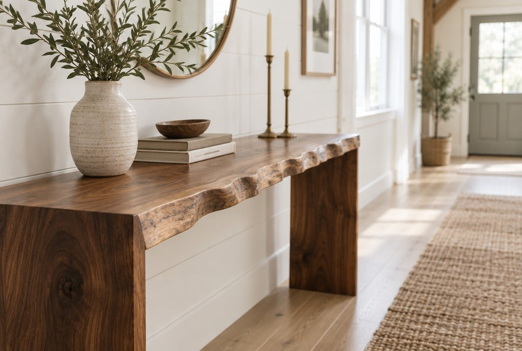 A live edge walnut console table with a natural wavy edge in a bright farmhouse hallway