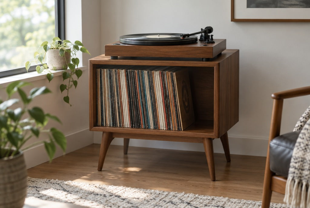 A mid-century solid wood record player stand with a turntable on top and vinyl records stored upright below