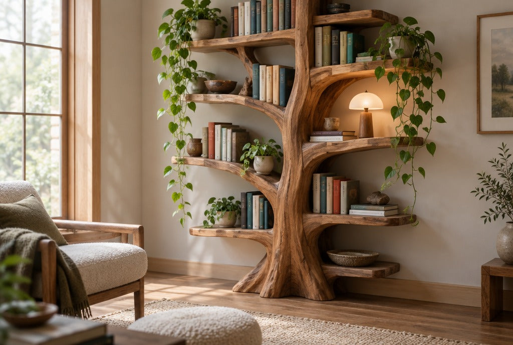 A sculpted solid wood tree bookshelf with books, trailing plants and a small lamp in a cozy reading corner