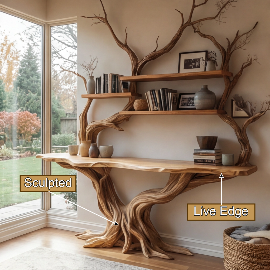 Elarion Tree Trunk Sculpted Solid Wood Console Table With Shelves