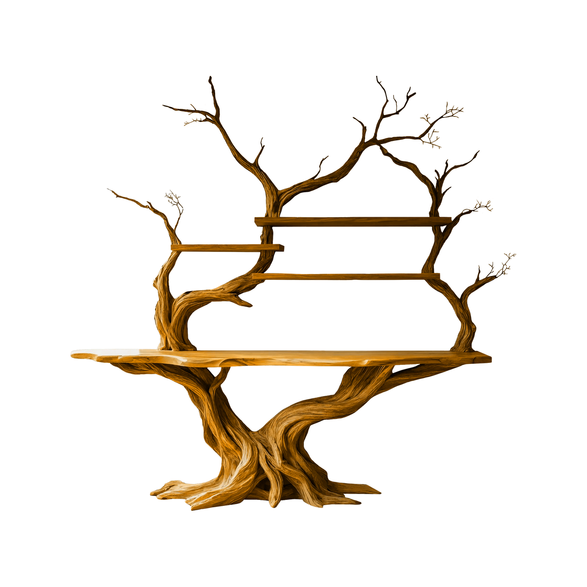 Elarion Tree Trunk Sculpted Solid Wood Console Table With Shelves