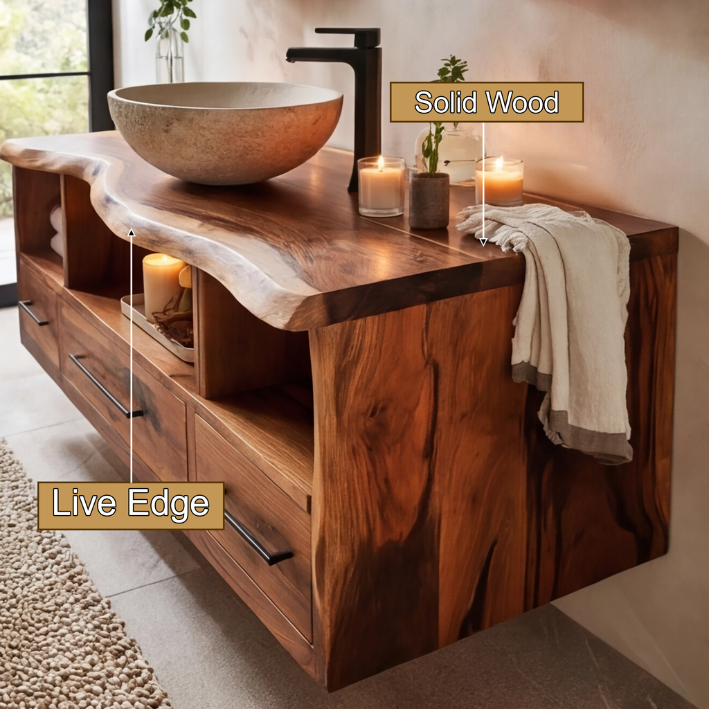 Vareon Live Edge Solid Wood Floating Bathroom Vanity With Drawers