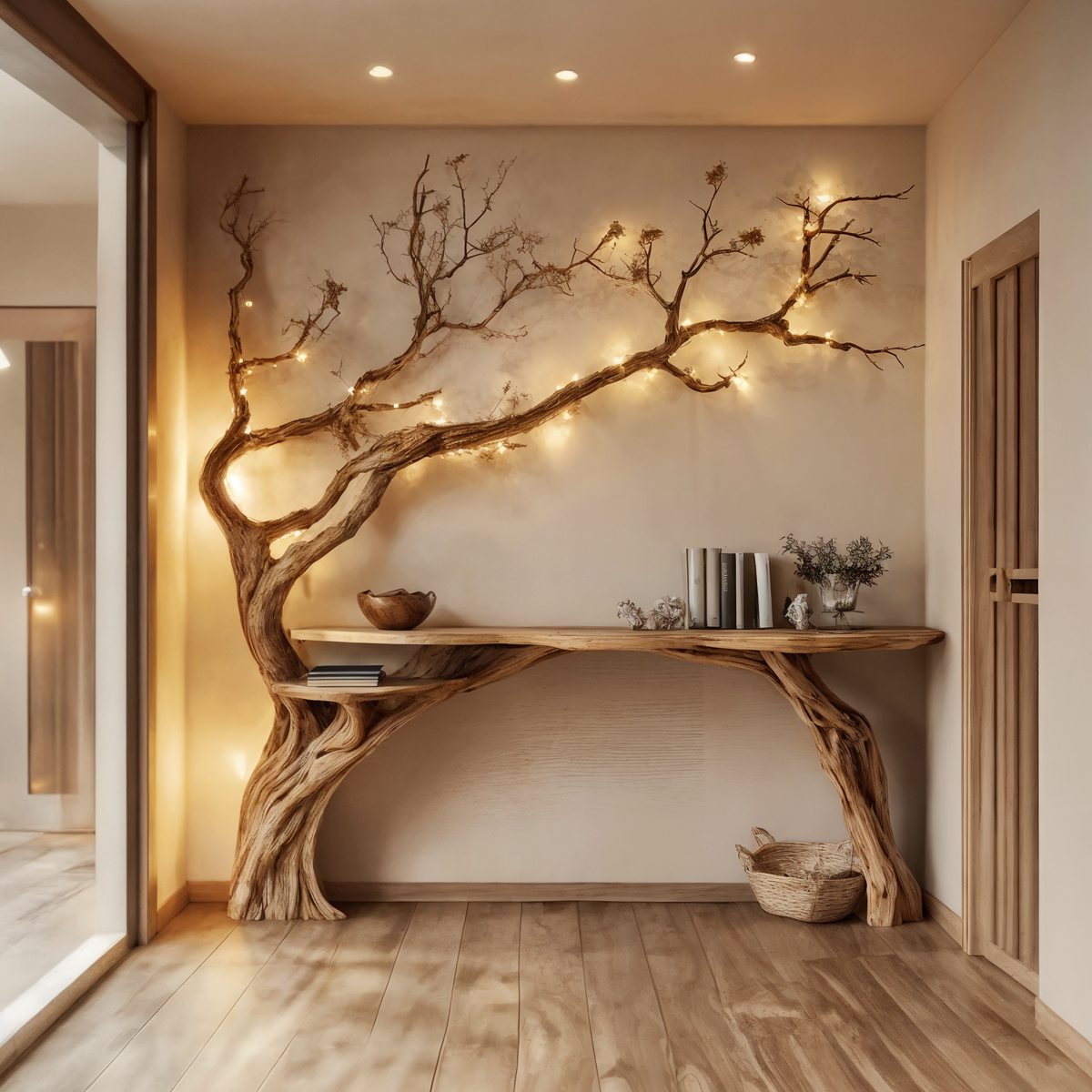 Natural Solid Wood Tree Bookshelf Rustic Side Table Farmhouse