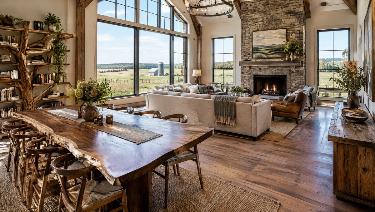 A Pennsylvania farmhouse great room with a live edge table, tree bookshelf and console